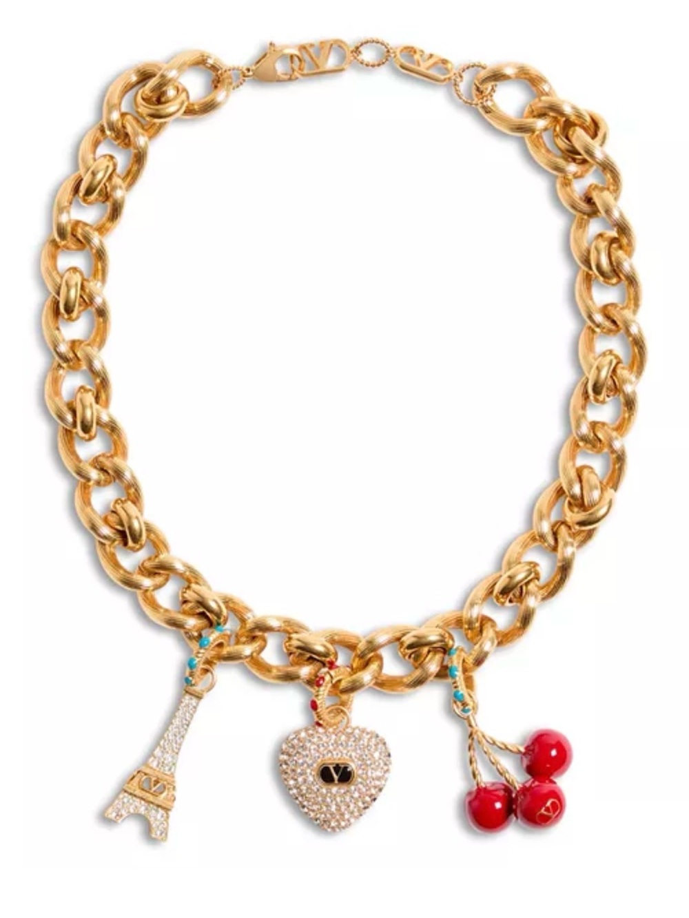 Valentino Gold-Tone Charm Necklace with Red Cherry & Crystal Heart
